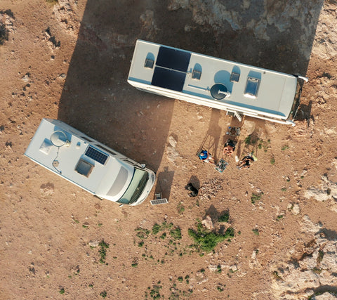 Aerial view of Solar Panels installed on the roof of an RV with campers around