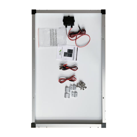 Nature Power 110 Watt Solar Panel back with connectors and mounting accessories