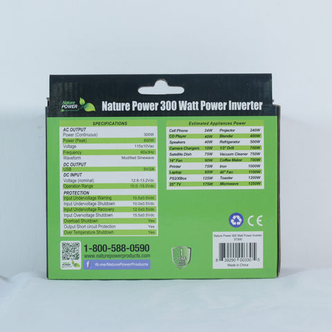 Nature Power 300 Watt Power Inverter Packaging back with specifications