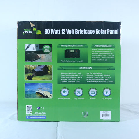 Nature Power 80 Watt Monocrystalline Suitcase Solar Panel Packaging Back and Specs