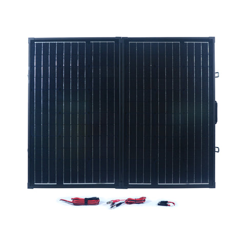 Nature Power 120 Watt Monocrystalline Suitcase Solar Panel front with accessories