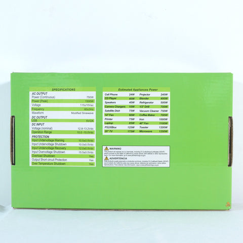 Nature Power 12V 750W Portable Power packaging back with specifications