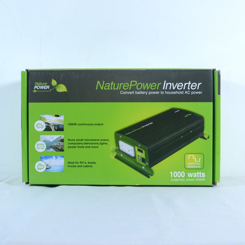 Nature Power 12V, 1000W Modified Sine Wave Inverter front packaging features 