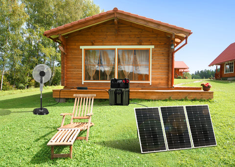 Nature Power Solar Power Kit 330 Watts - Solar Panels installed on a country house powering a fan in the yard