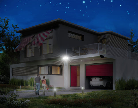 Nature Power Triple COB LED Solar Powered Motion Lights installed in a home illuminating brightly at night