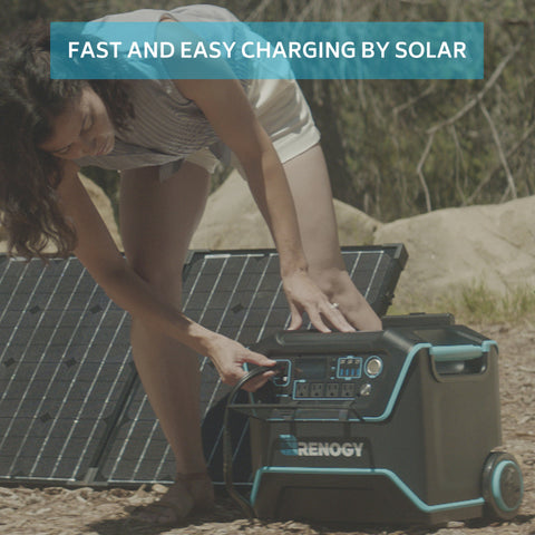 Woman using her Renogy Lycan Powerbox With Suitcases - Solar Power Generator outdoors