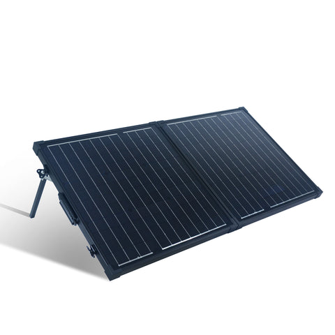 Unfolded Nature Power 80 Watt Monocrystalline Suitcase Solar Panel Tilted laying on the floor