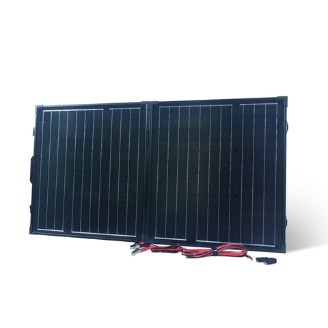 Unfolded Nature Power Suitcase Solar Panel front with wires and 12 Volt battery connector