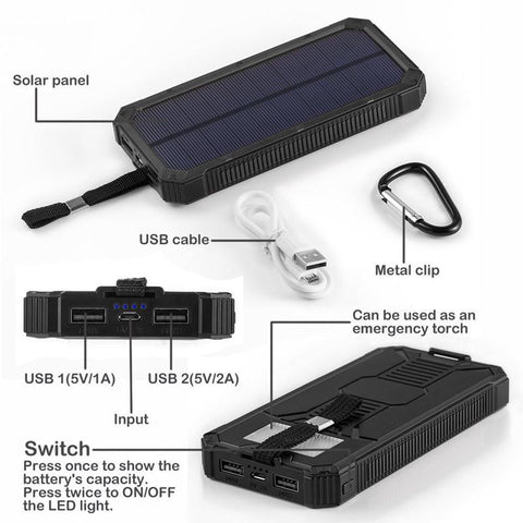 Solar Powered Battery Charging Bank For Mobile Phones, Tablets, and Devices 20000mah - Solar Us Shop